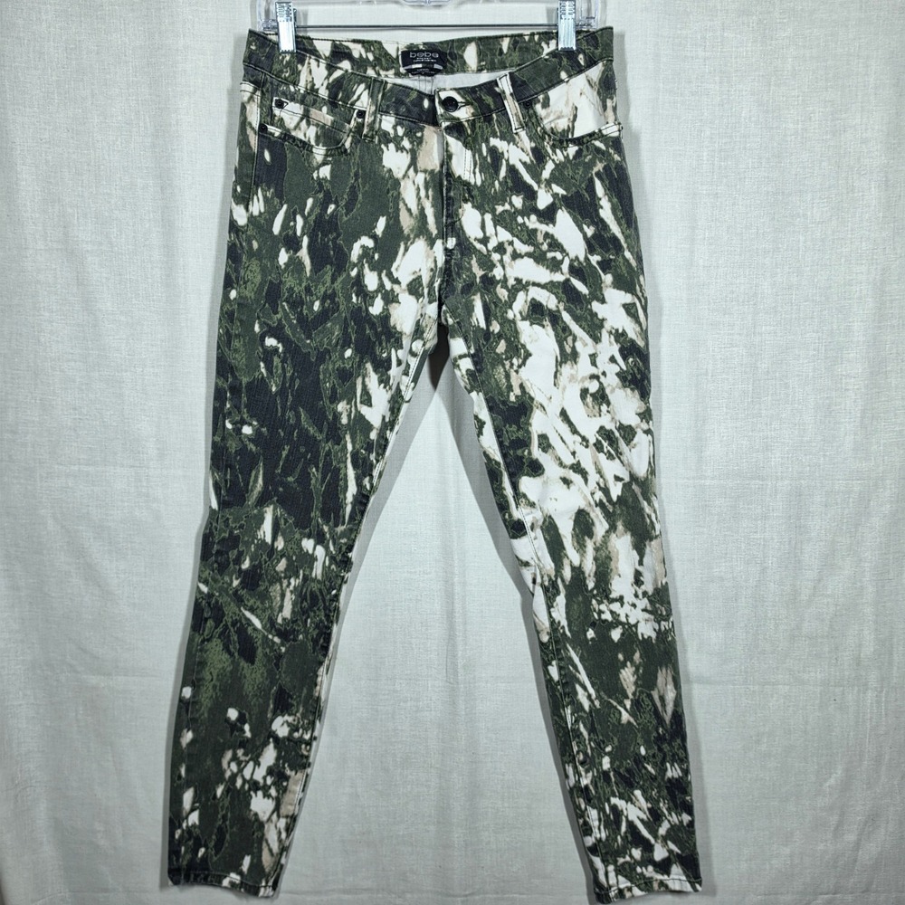 bebe Jeans Womens 31 Abstract Camo Skinny Green Black White Made in USA